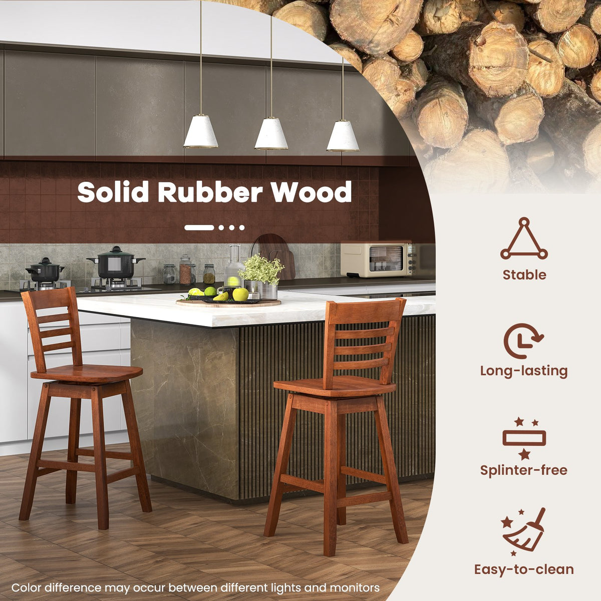 Counter Height Barstools Set of 2 with Footrest for Kitchen Island Bar-Walnut view 6