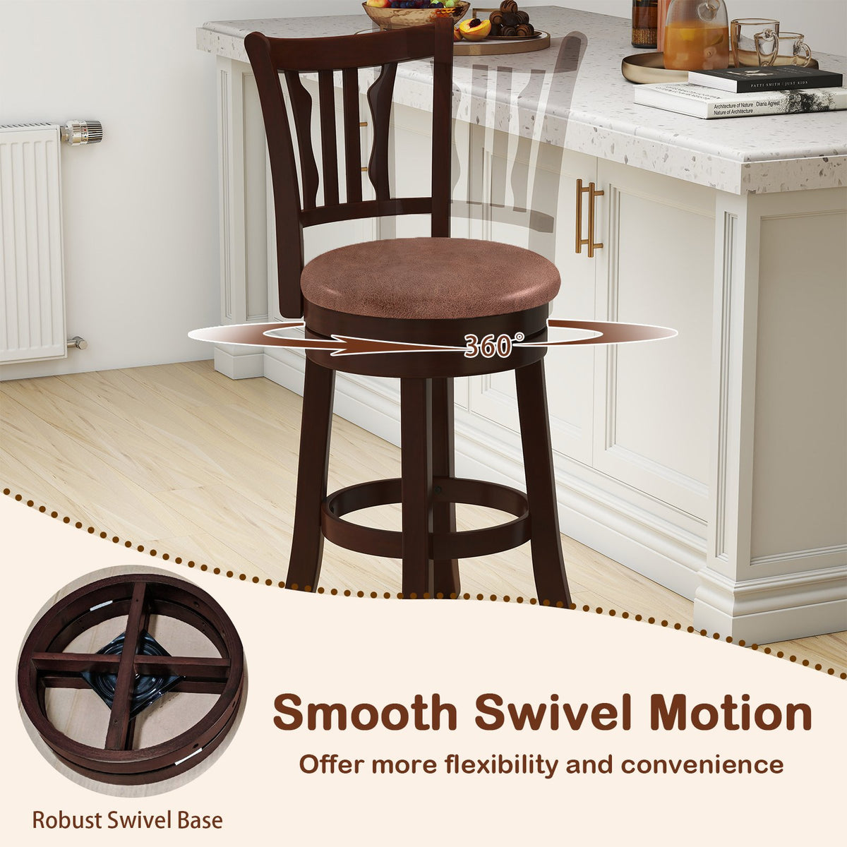 Counter Height Swivel Bar Stools Set of 2 with Back and Solid Rubber Frame-24 view 5