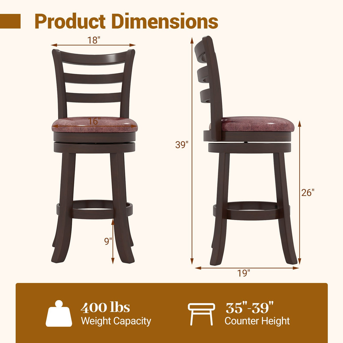 Counter Height Swivel Barstools Set of 2 with Faux Leather Seat and Wrap-around Footrest-24 view 5