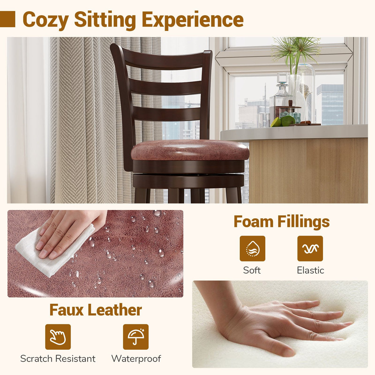 Counter Height Swivel Barstools Set of 2 with Faux Leather Seat and Wrap-around Footrest-24 view 7