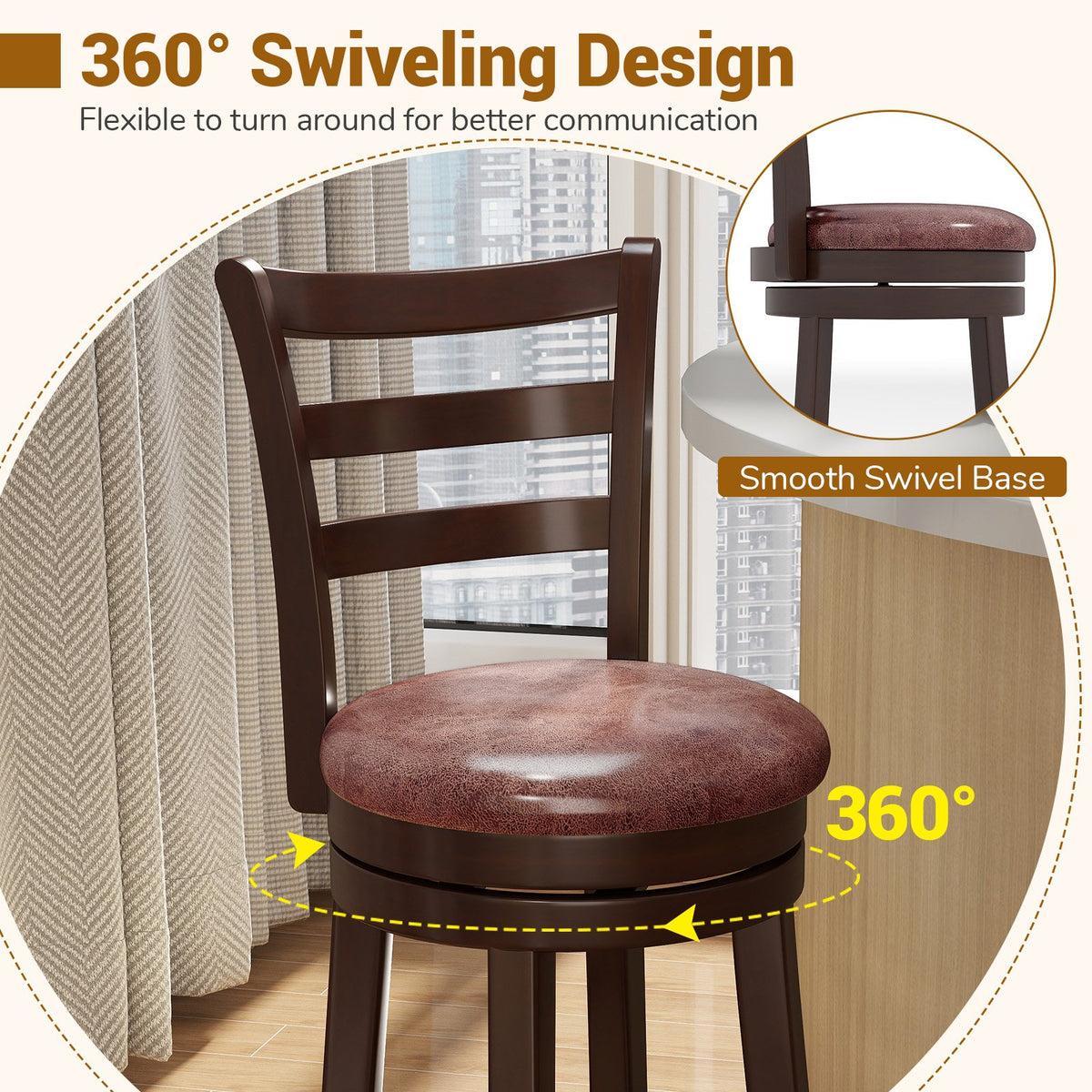Counter Height Swivel Barstools Set of 2 with Faux Leather Seat and Wrap-around Footrest-29 view 6