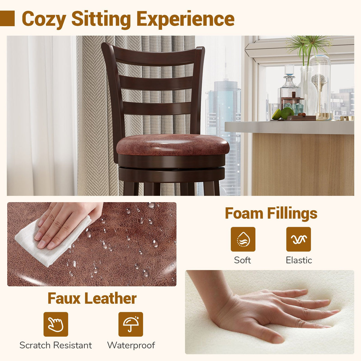 Counter Height Swivel Barstools Set of 2 with Faux Leather Seat and Wrap-around Footrest-29 view 7