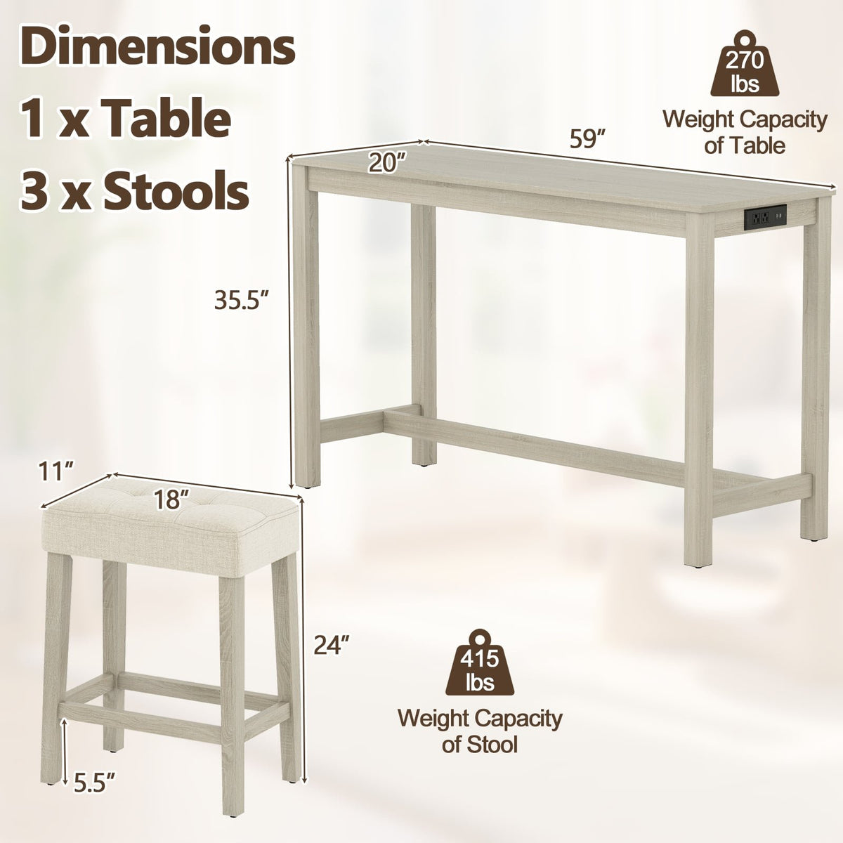 Counter Height Table with 3 Stools and 4-Piece Breakfast Nook Bar Set-Gray view 5