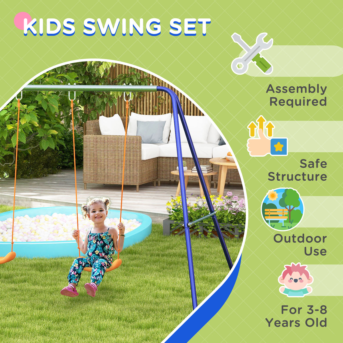 Kids Swing Set Outdoor Metal Swing Frame with Double Swing Seats for 1-2 Children Aged 3-8 Years Old