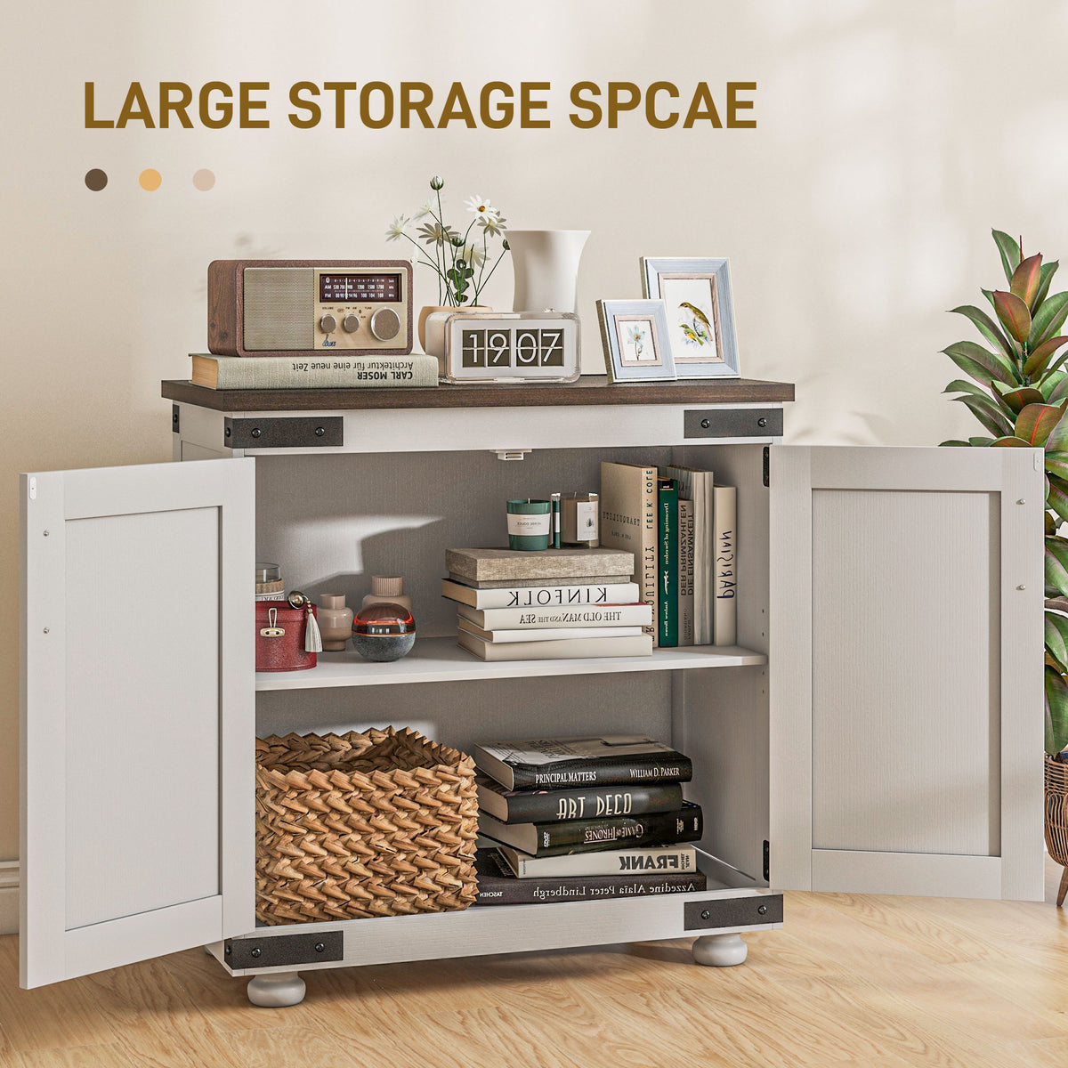 Sideboard Buffet, Kitchen Storage Cabinet with Barn Door and Adjustable Shelves, White and Brown