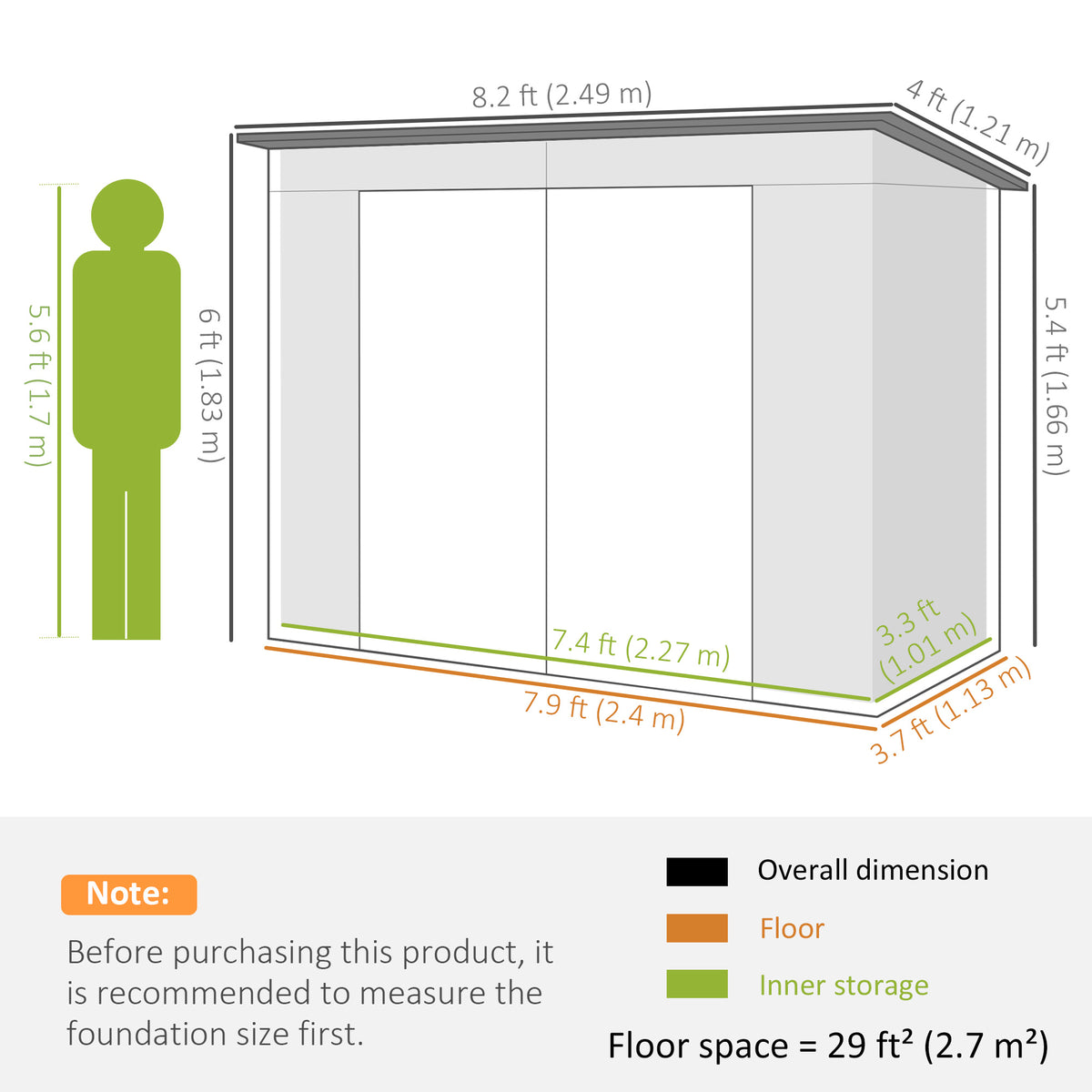 8 x 4FT Galvanized Garden Storage Shed, Metal Outdoor Shed with Double Doors and 2 Vents, Oak – view 44