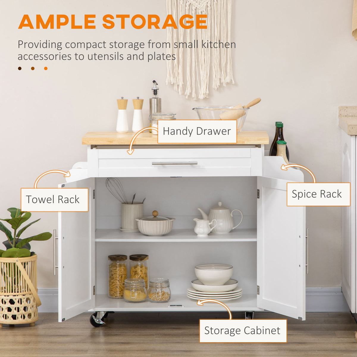 Kitchen Island with Storage, Rolling Cart Trolley with Rubberwood Top, Adjustable Shelf, Drawer, Spice Rack, White
