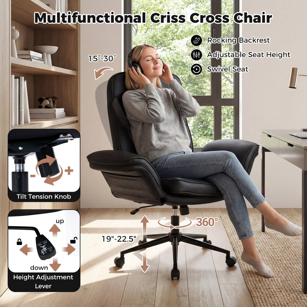Criss Cross Chair Adjustable Swivel Vanity Chair with 5-Position Armrests-Black view 9