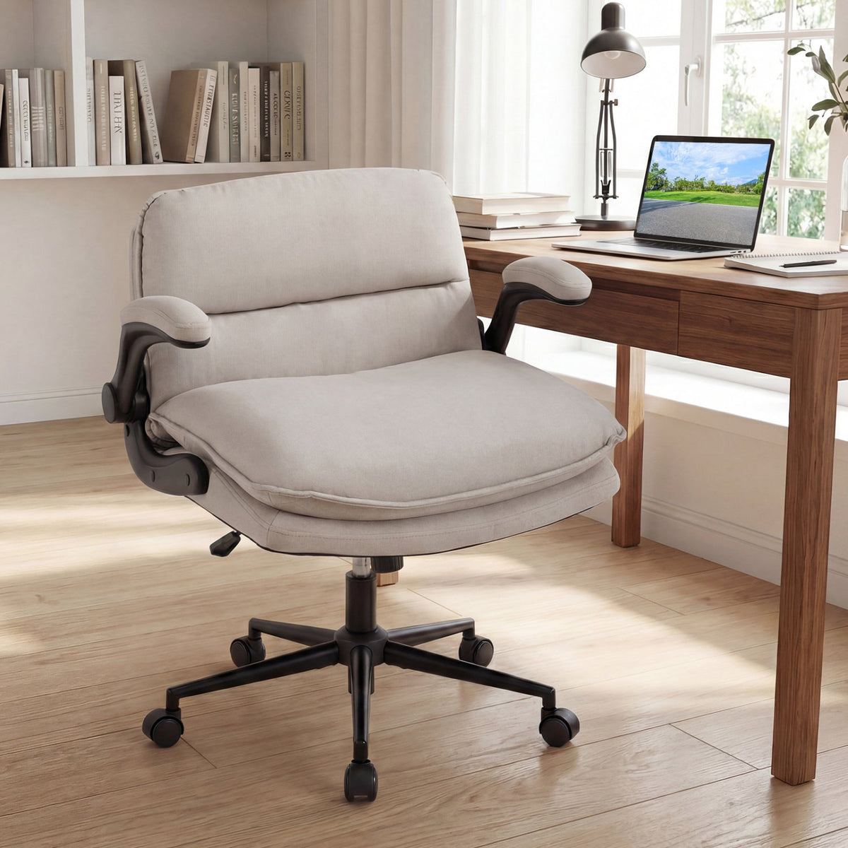 Criss Cross Chair on Wheels with Flip-up Arms Adjustable Height-Beige view 2