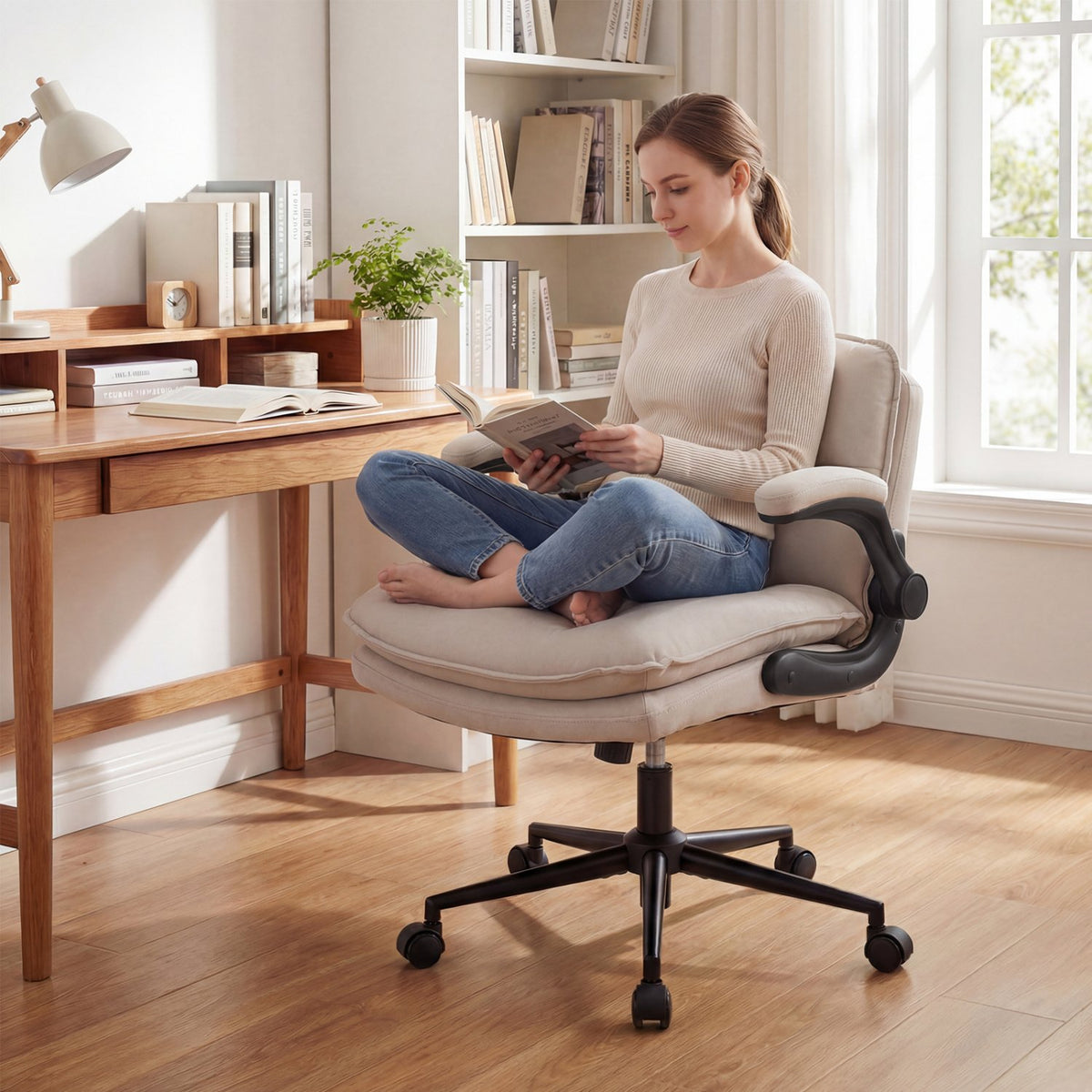 Criss Cross Chair on Wheels with Flip-up Arms Adjustable Height-Beige view 3