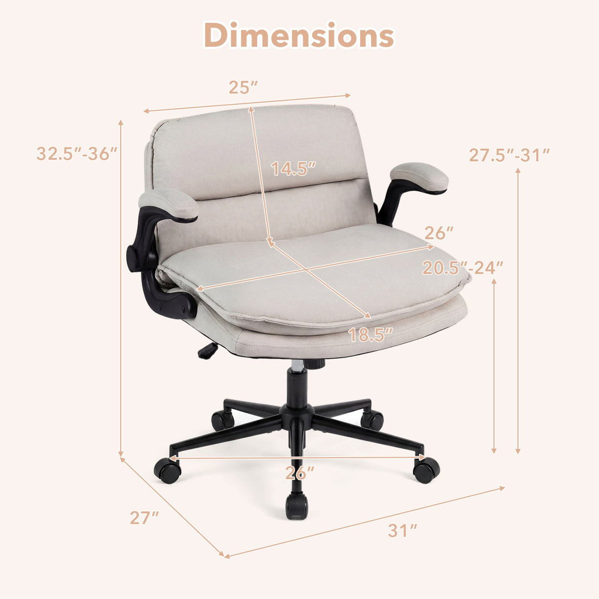 Criss Cross Chair on Wheels with Flip-up Arms Adjustable Height-Beige view 4