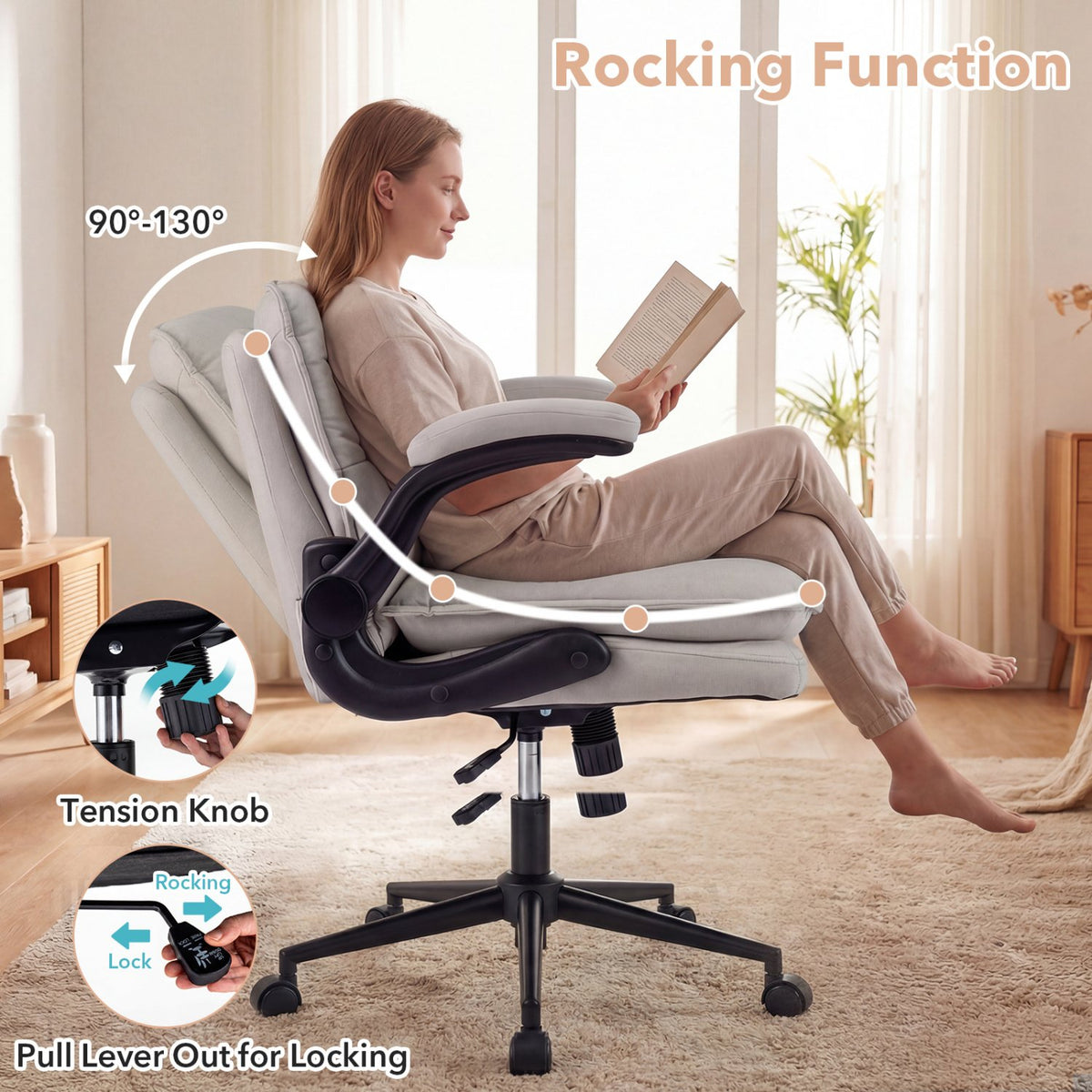 Criss Cross Chair on Wheels with Flip-up Arms Adjustable Height-Beige view 5