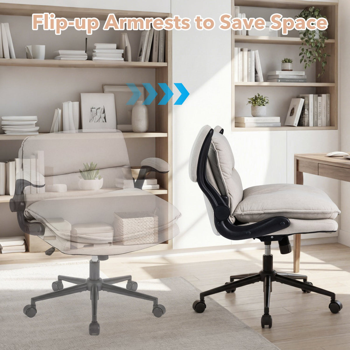Criss Cross Chair on Wheels with Flip-up Arms Adjustable Height-Beige view 7