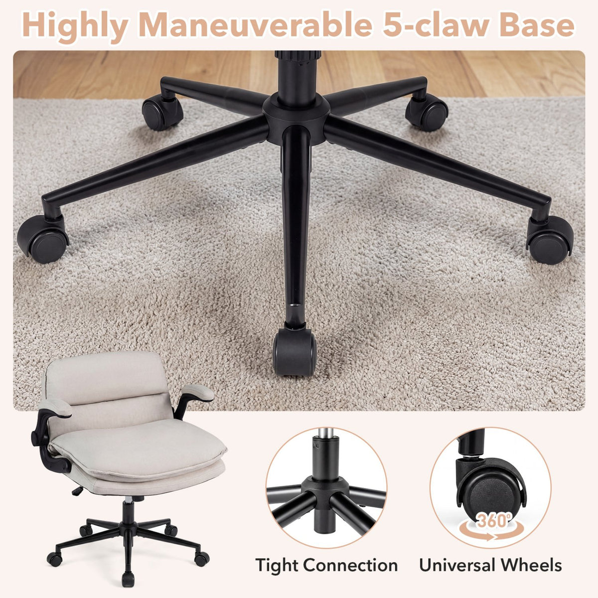 Criss Cross Chair on Wheels with Flip-up Arms Adjustable Height-Beige view 8