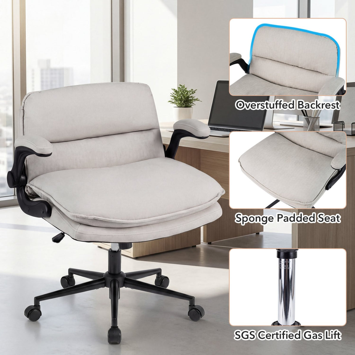 Criss Cross Chair on Wheels with Flip-up Arms Adjustable Height-Beige view 9
