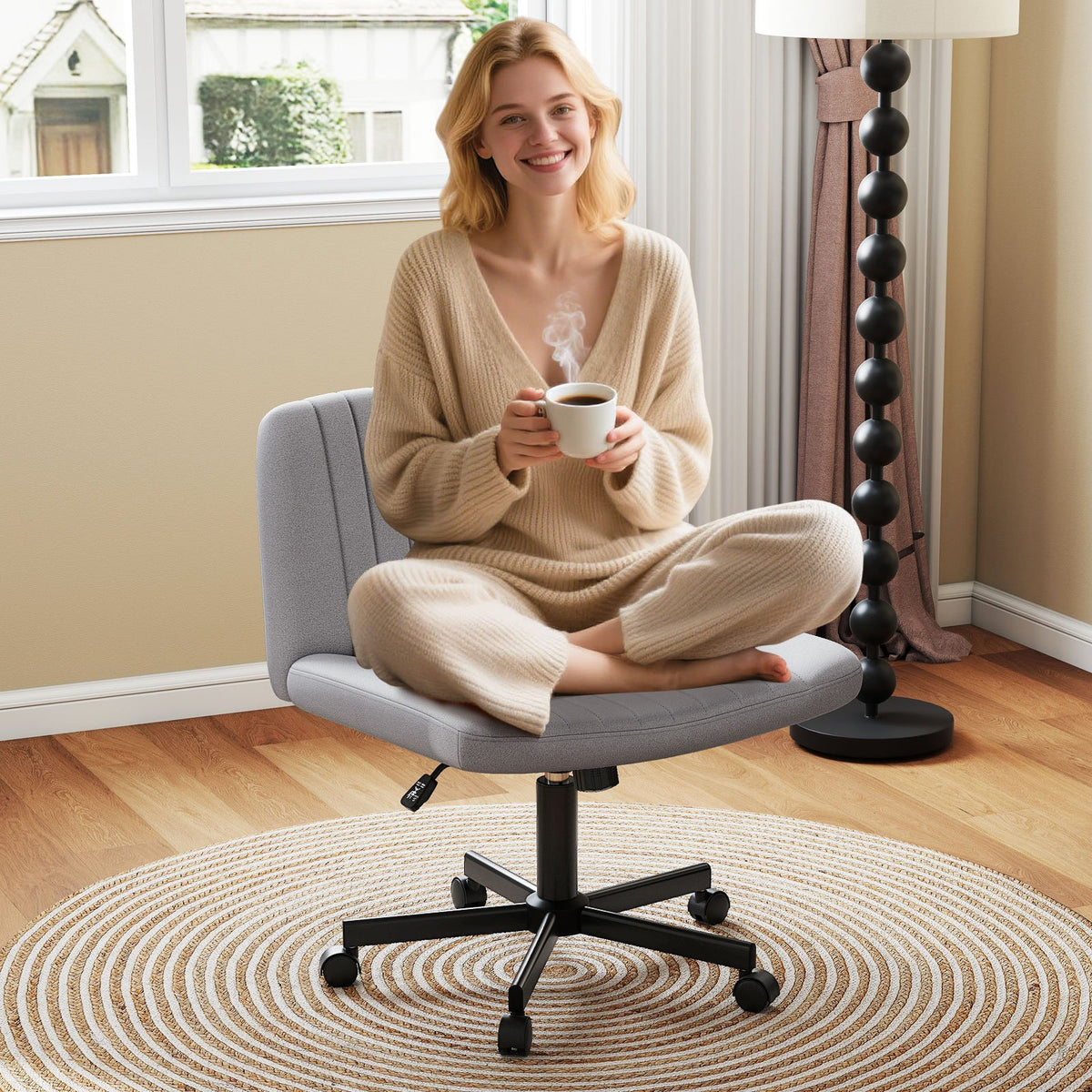 Criss Cross Chair with Wheels Cross-Legged Swivel Desk Chair with Soft-Padded Wide Seat-Gray view 2