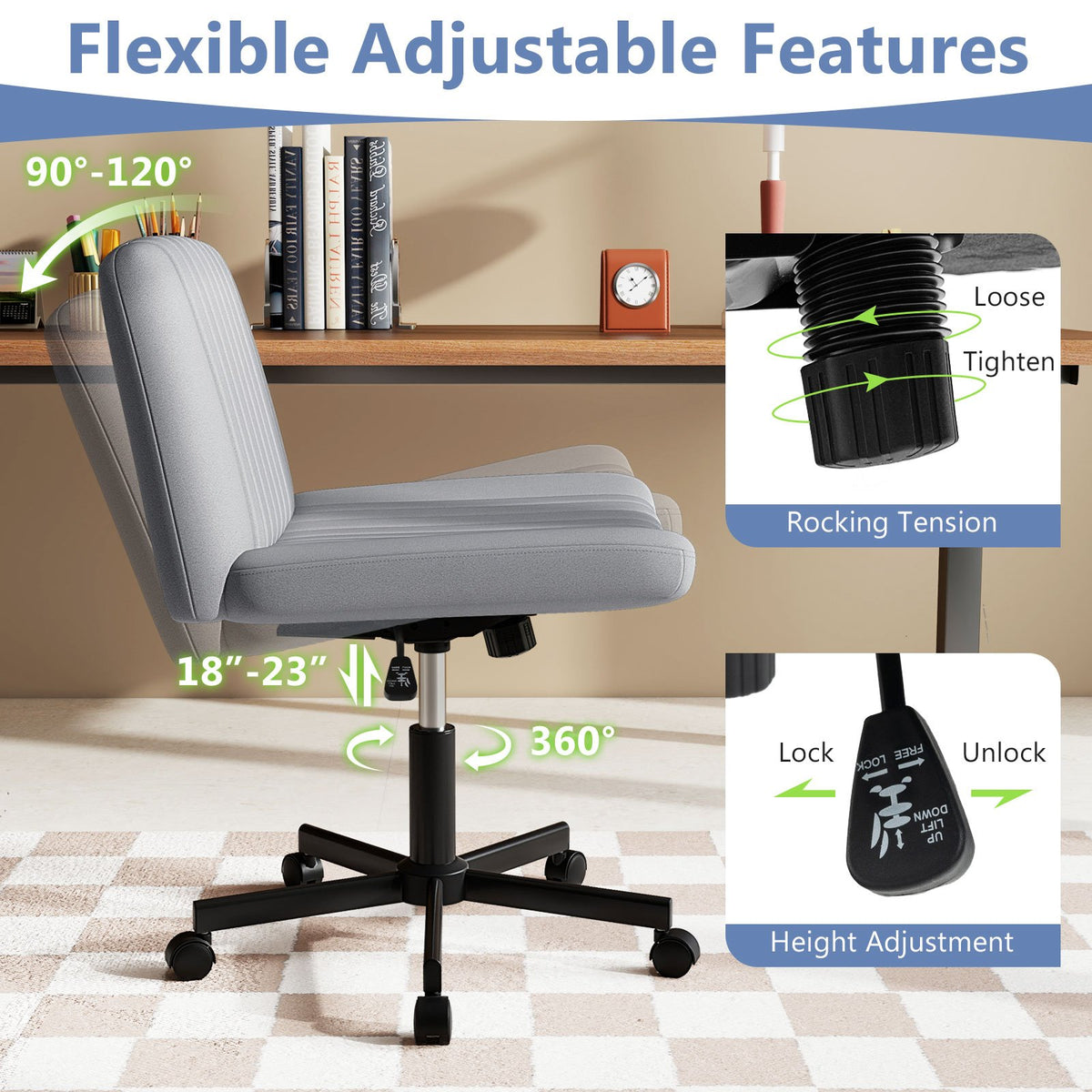 Criss Cross Chair with Wheels Cross-Legged Swivel Desk Chair with Soft-Padded Wide Seat-Gray view 6