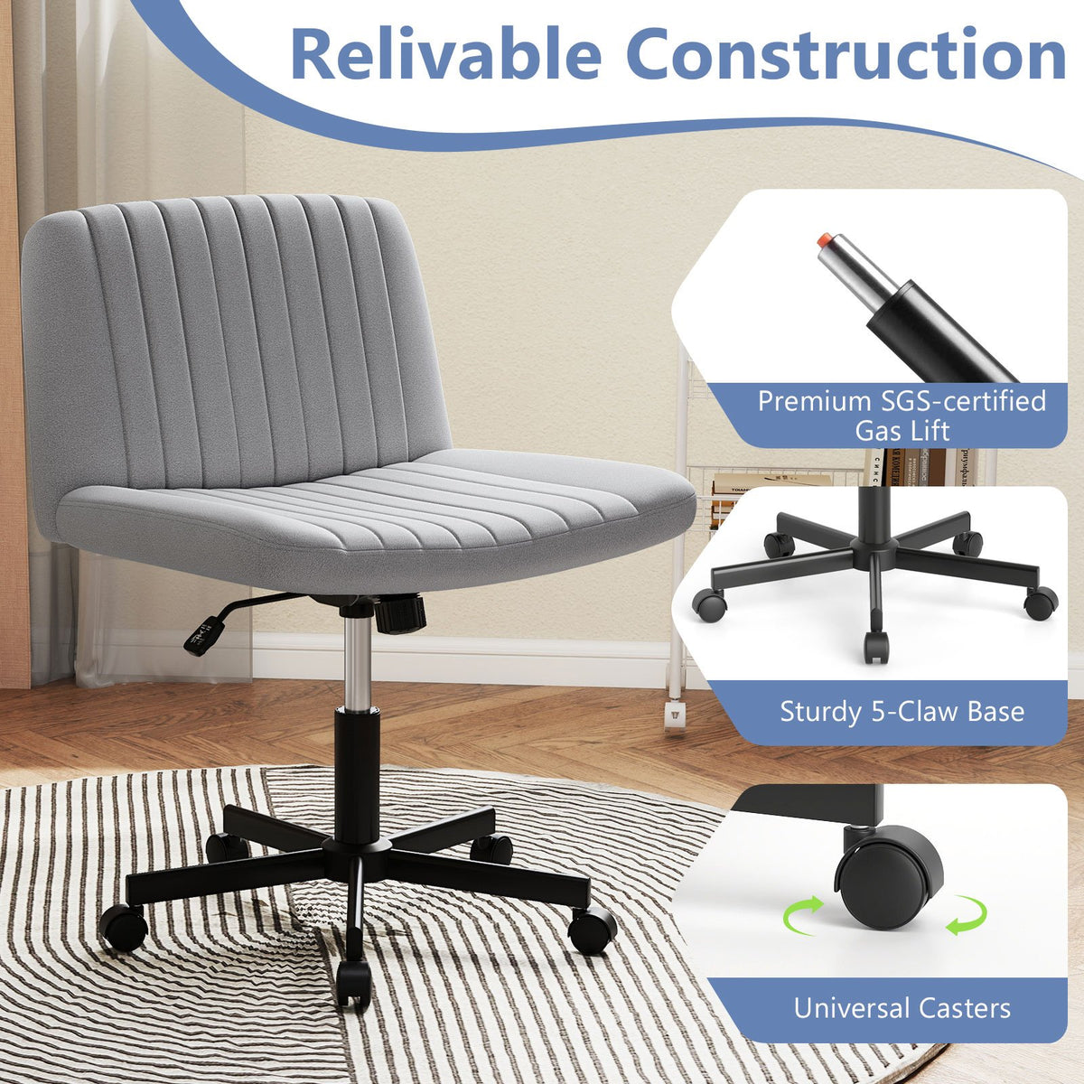 Criss Cross Chair with Wheels Cross-Legged Swivel Desk Chair with Soft-Padded Wide Seat-Gray view 9