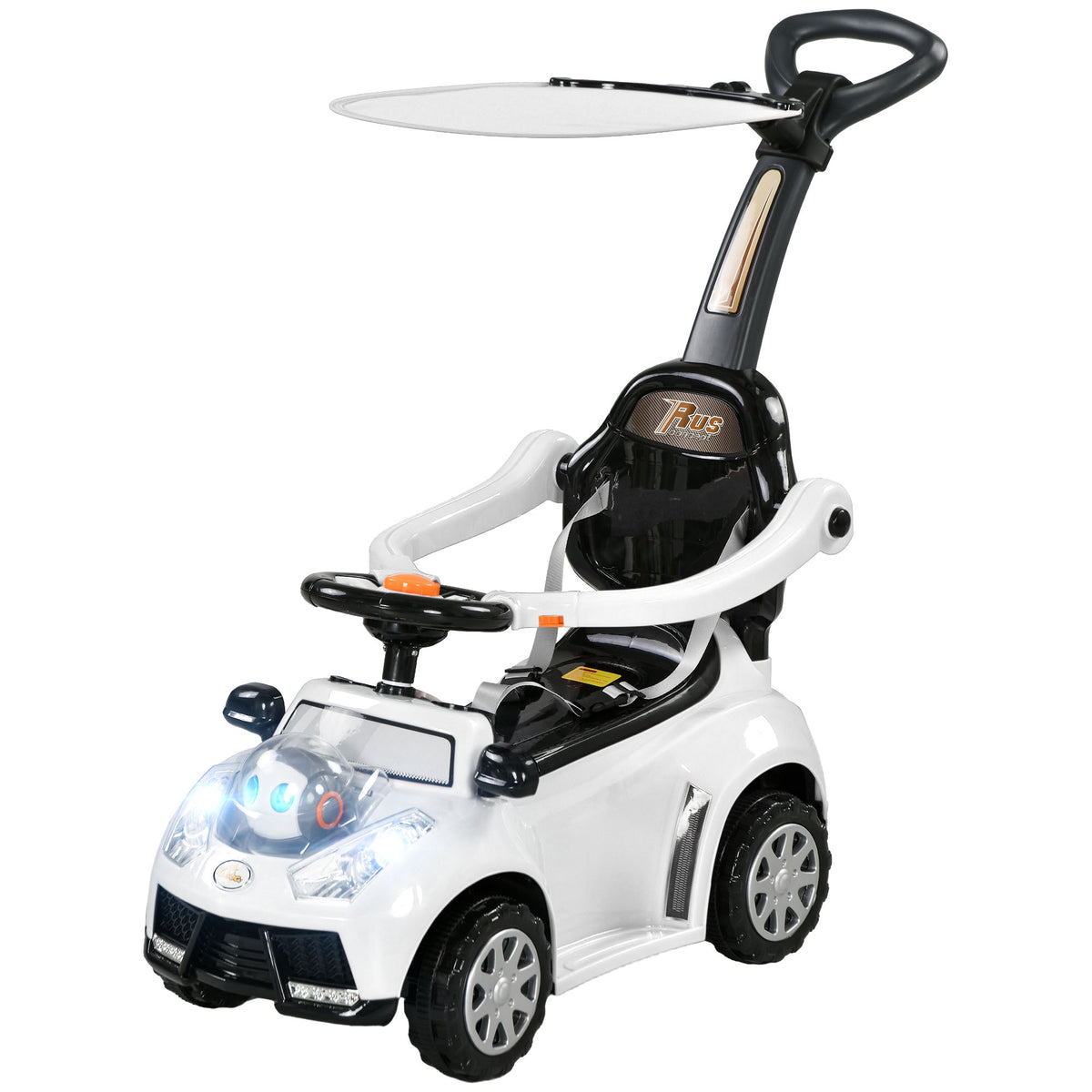 Qaba 3 in 1 Kids Push Car Toddler Sliding Car, Foot to Floor Design with Music, Light, Handle, Removable Canopy