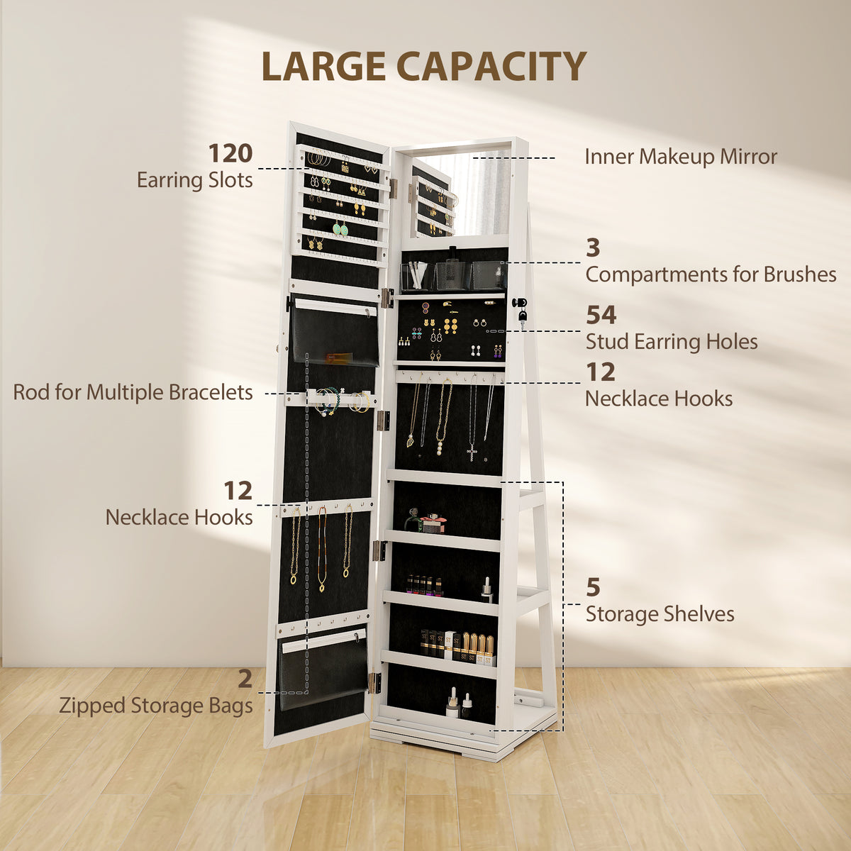 360° Swivel Jewelry Armoire, Lockable Mirror Jewelry Cabinet with Built-In Small Mirror, White – view 4