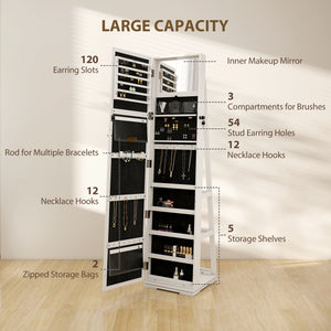 360° Swivel Jewelry Armoire, Lockable Mirror Jewelry Cabinet with Built-In Small Mirror, White – view 4