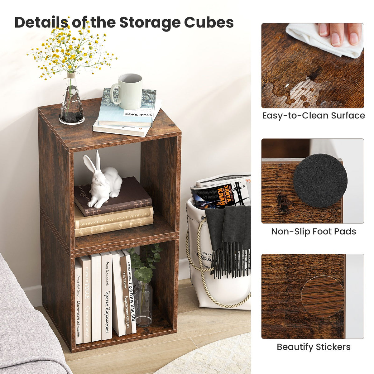 Cube Storage Organizer Set of 2 for Living Room Bedroom Study-Rustic Brown view 6