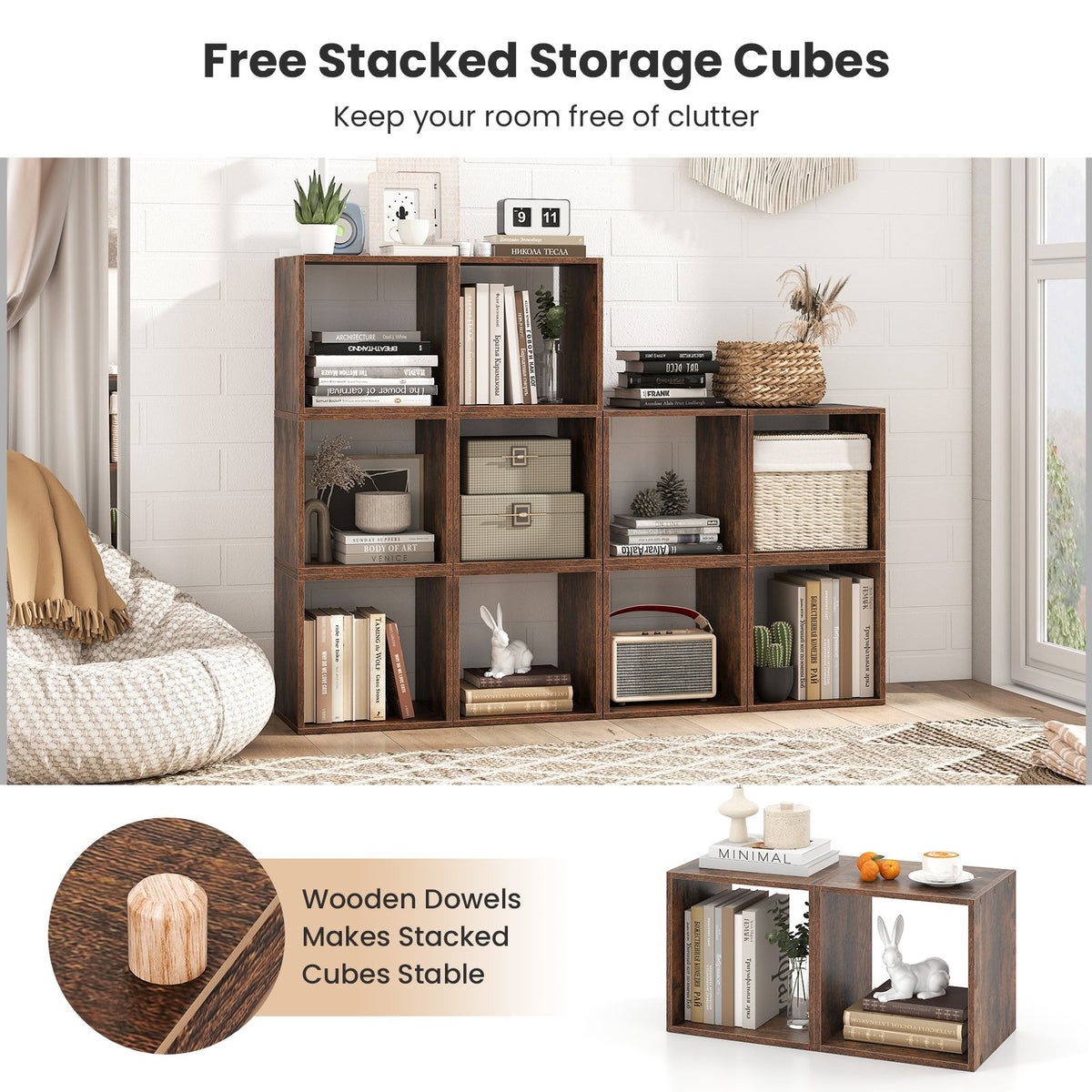 Cube Storage Organizer Set of 2 for Living Room Bedroom Study-Rustic Brown view 7