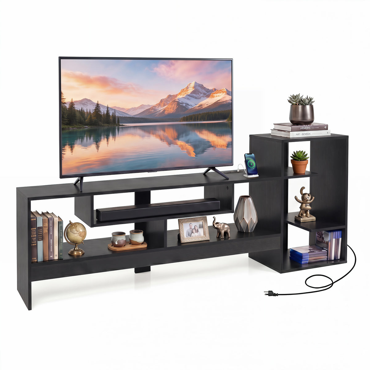 Cube TV Stand for 55 Inch TV with Power Outlets and Open Storage Shelves-Black
