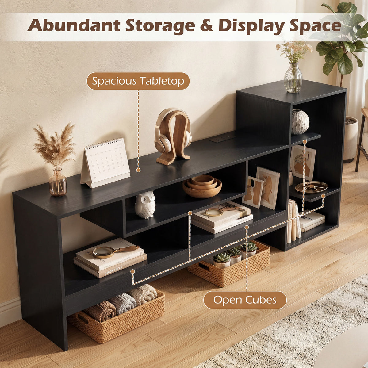 Cube TV Stand for 55 Inch TV with Power Outlets and Open Storage Shelves-Black view 8