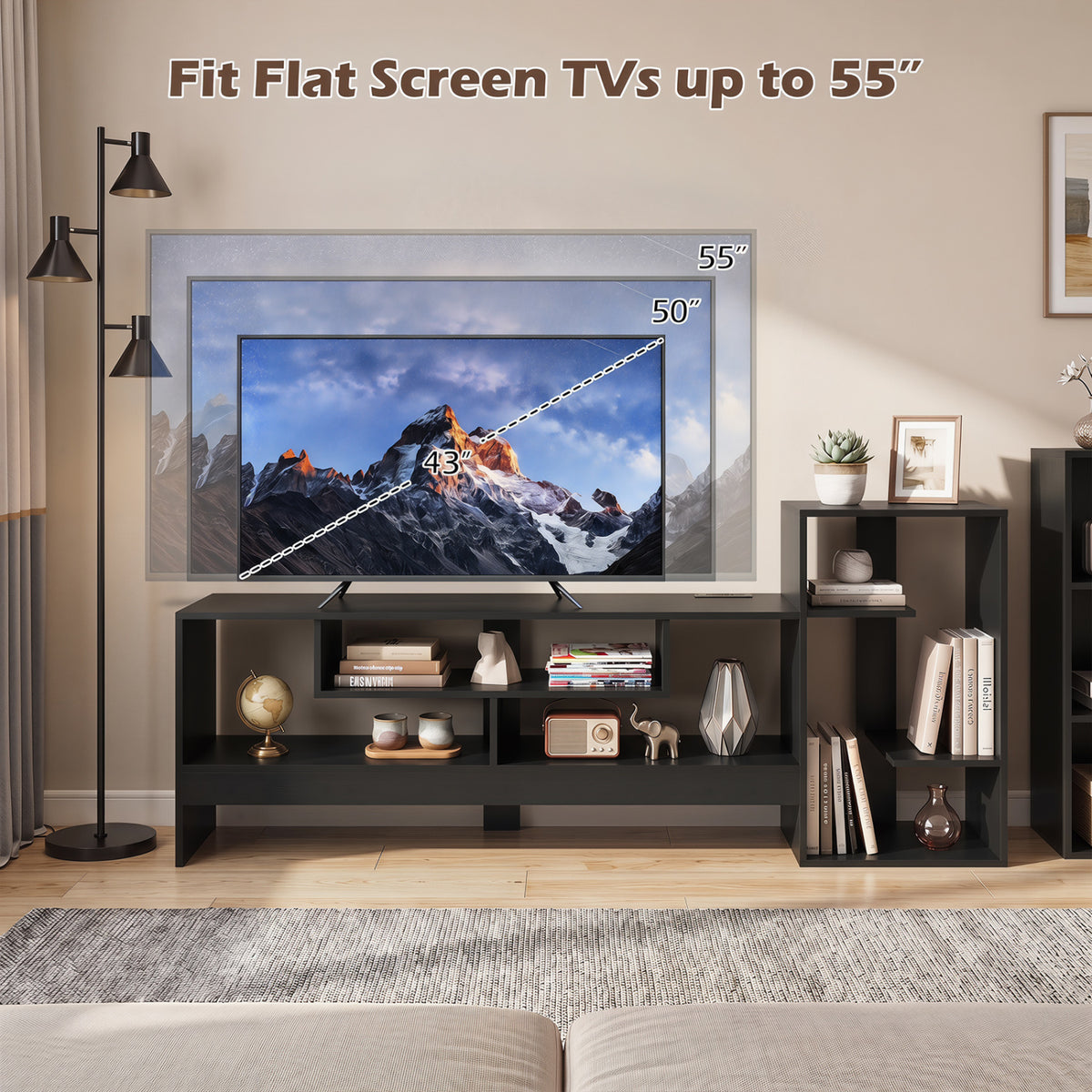 Cube TV Stand for 55 Inch TV with Power Outlets and Open Storage Shelves-Black view 9