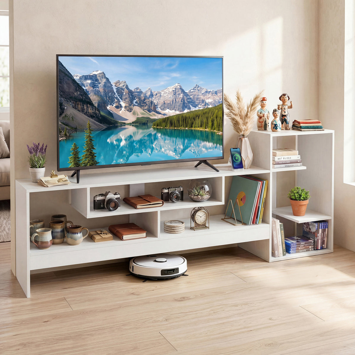 Cube TV Stand for 55 Inch TV with Power Outlets and Open Storage Shelves-White view 2