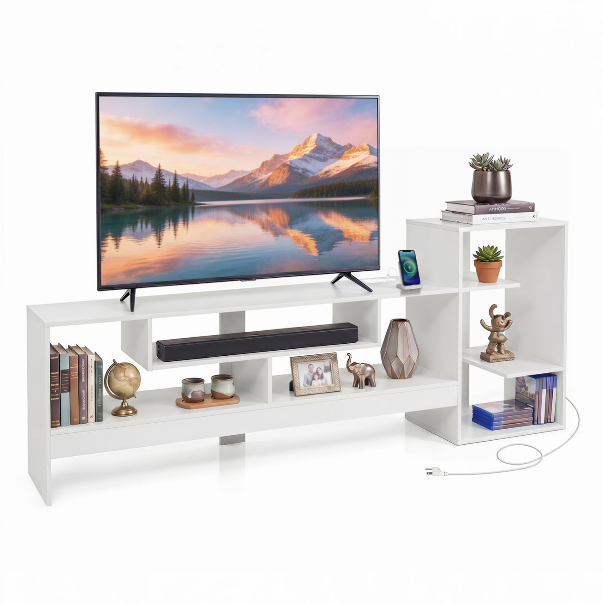 Cube TV Stand for 55 Inch TV with Power Outlets and Open Storage Shelves-White view 4