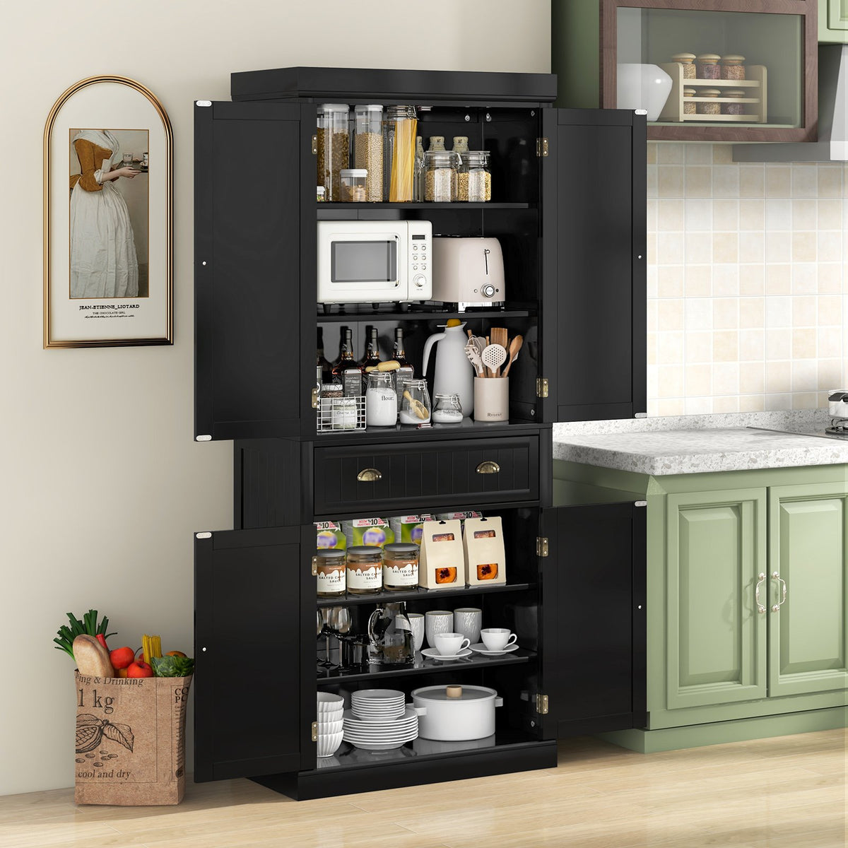 Cupboard Freestanding Kitchen Cabinet w/ Adjustable Shelves-Black view 2