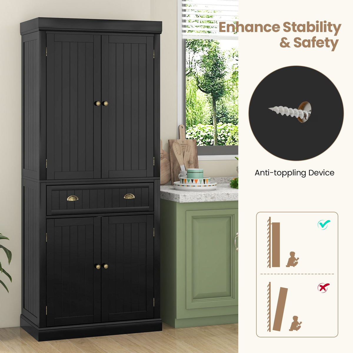 Cupboard Freestanding Kitchen Cabinet w/ Adjustable Shelves-Black view 8