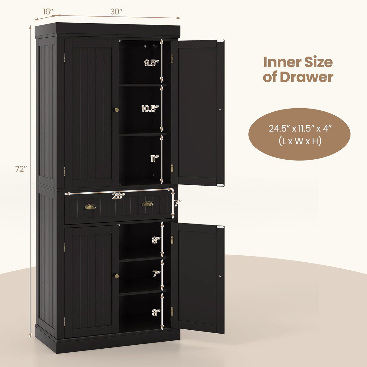 Cupboard Freestanding Kitchen Cabinet w/ Adjustable Shelves-Dark Brown view 5