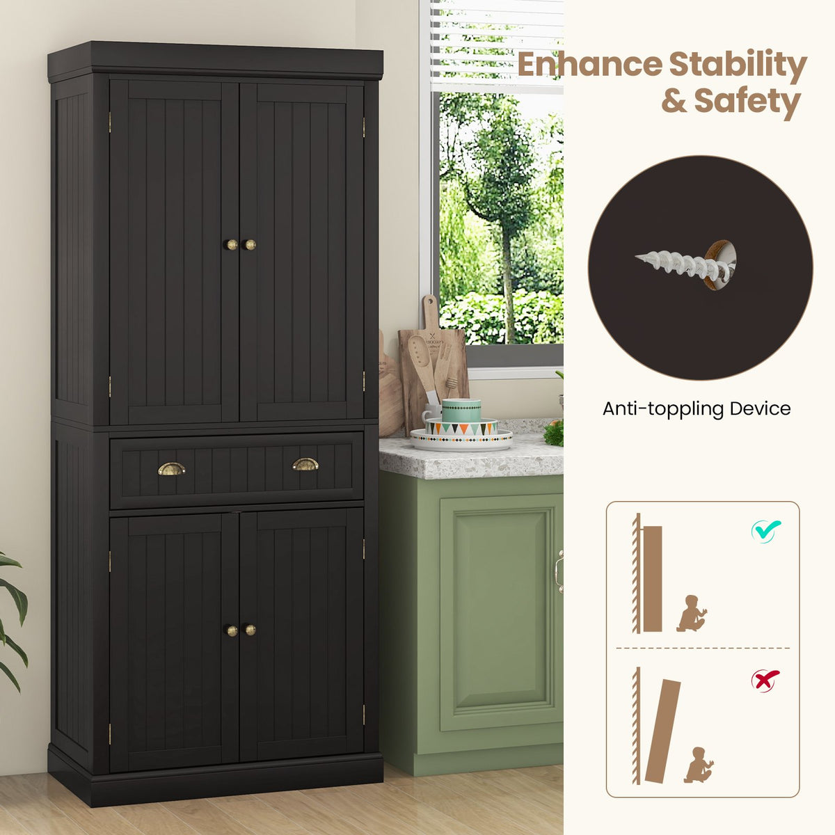 Cupboard Freestanding Kitchen Cabinet w/ Adjustable Shelves-Dark Brown view 7