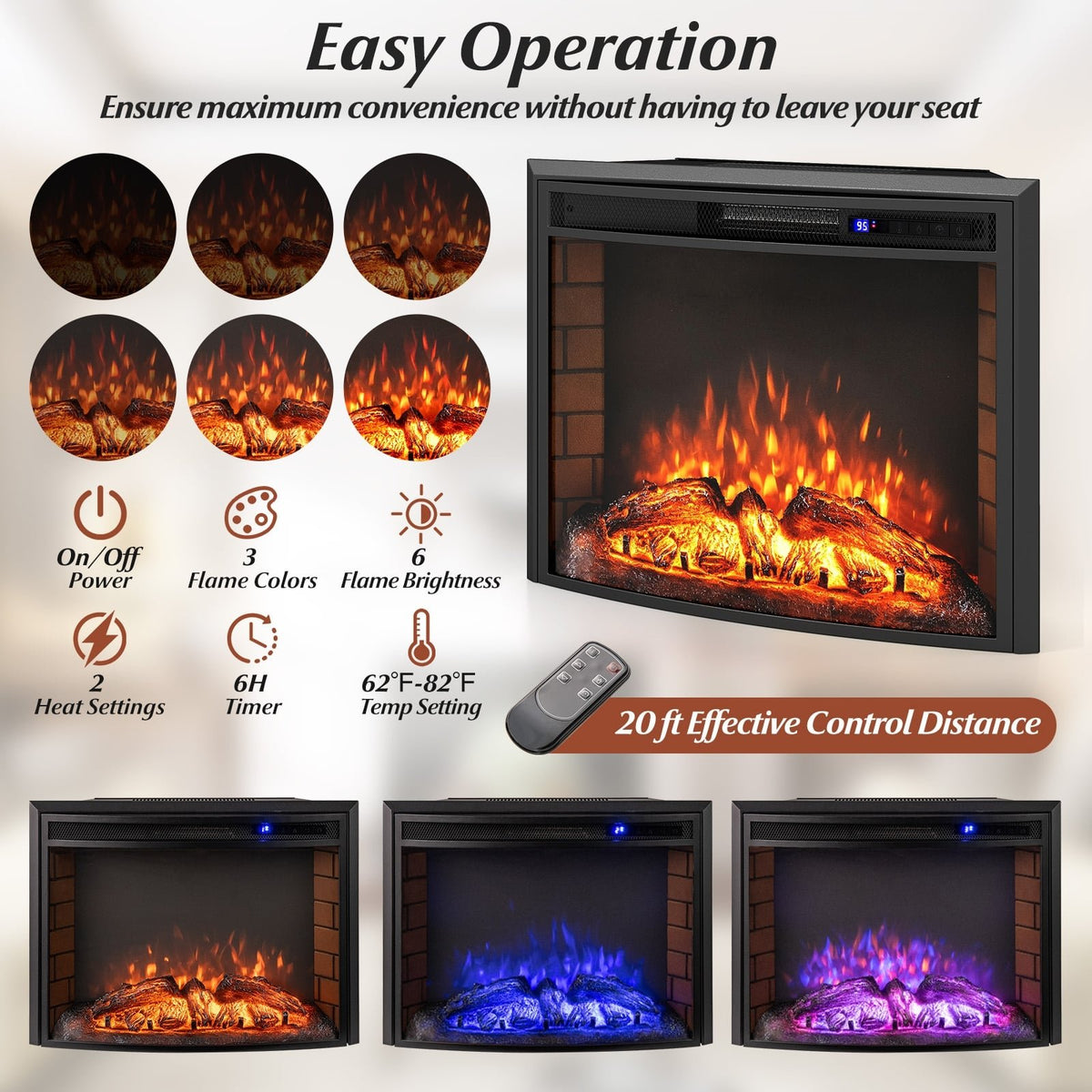 Curved Recessed Electric Fireplace Insert with Remote Control and Overheat Protection-26 Inch view 7