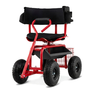 Cushioned Rolling Garden Cart Scooter with Storage Basket and Tool Pouch-Black & Red