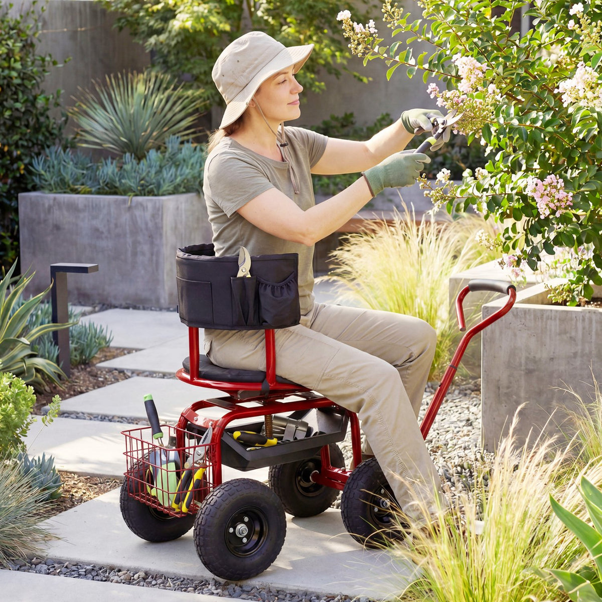 Cushioned Rolling Garden Cart Scooter with Storage Basket and Tool Pouch-Black & Red view 2
