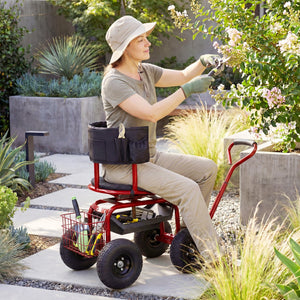 Cushioned Rolling Garden Cart Scooter with Storage Basket and Tool Pouch-Black & Red view 2