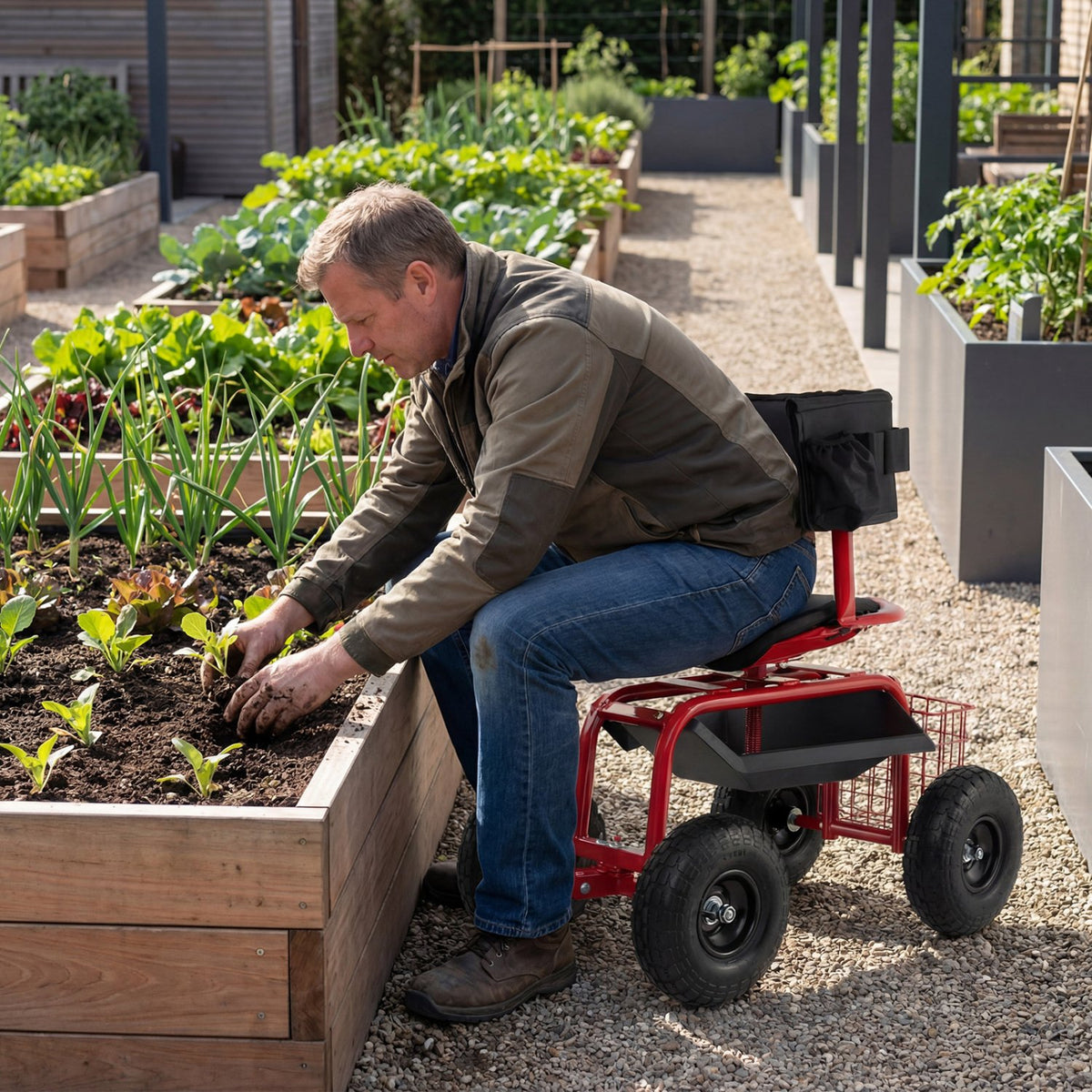 Cushioned Rolling Garden Cart Scooter with Storage Basket and Tool Pouch-Black & Red view 3