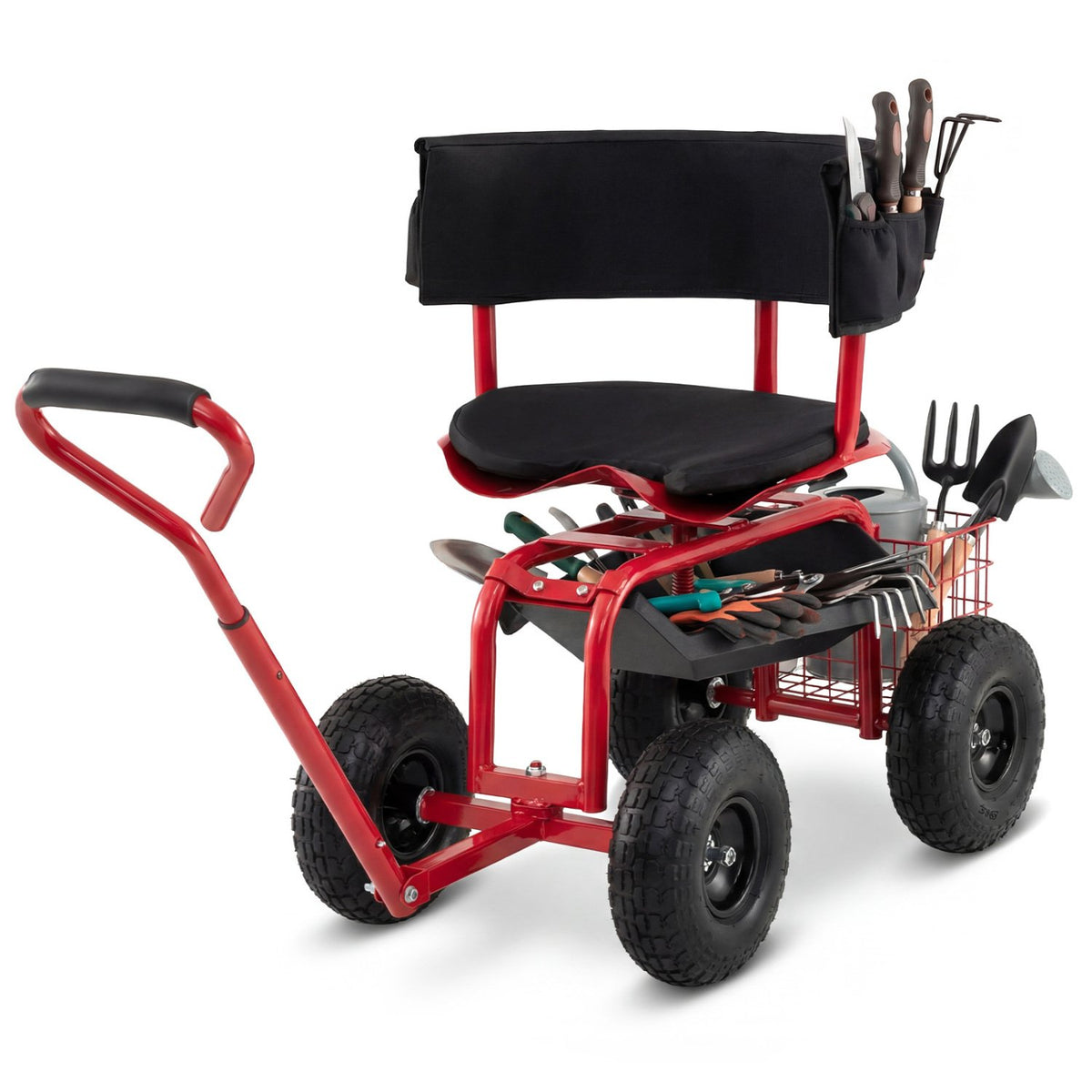 Cushioned Rolling Garden Cart Scooter with Storage Basket and Tool Pouch-Black & Red view 4