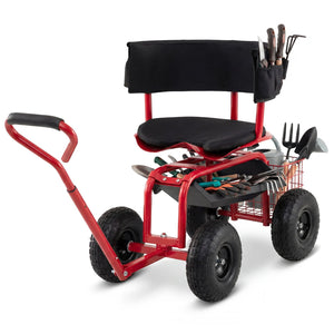 Cushioned Rolling Garden Cart Scooter with Storage Basket and Tool Pouch-Black & Red view 4