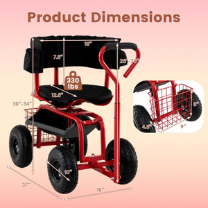 Cushioned Rolling Garden Cart Scooter with Storage Basket and Tool Pouch-Black & Red view 5