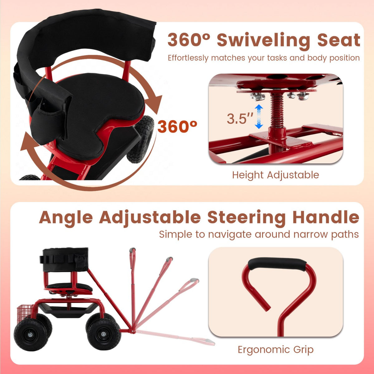 Cushioned Rolling Garden Cart Scooter with Storage Basket and Tool Pouch-Black & Red view 6