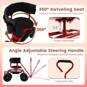 Cushioned Rolling Garden Cart Scooter with Storage Basket and Tool Pouch-Black & Red view 6