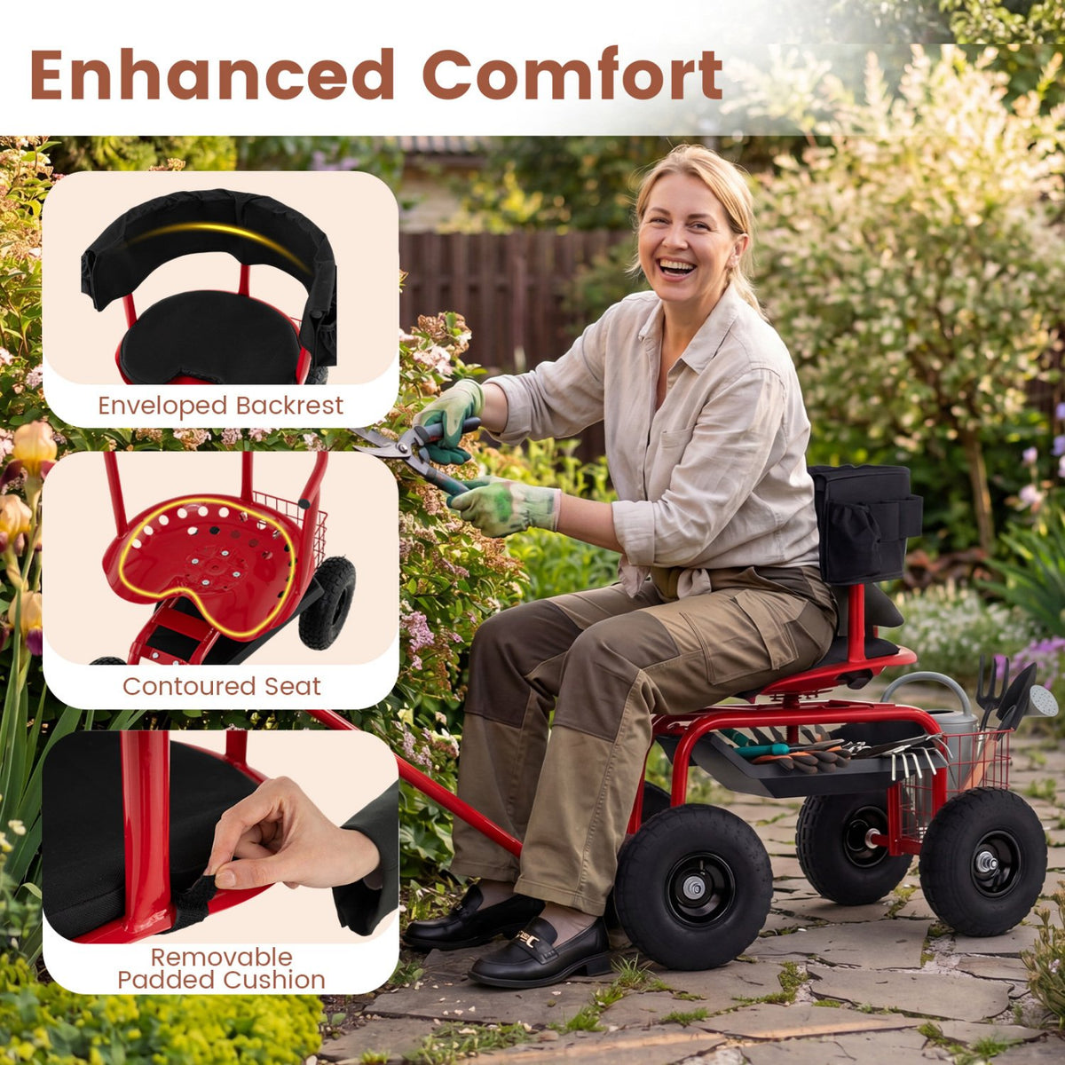 Cushioned Rolling Garden Cart Scooter with Storage Basket and Tool Pouch-Black & Red view 7