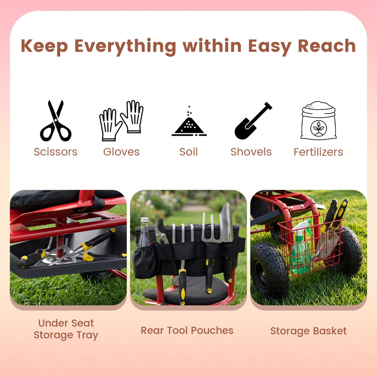 Cushioned Rolling Garden Cart Scooter with Storage Basket and Tool Pouch-Black & Red view 8