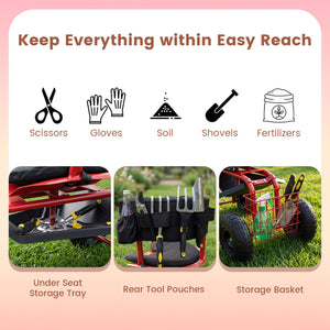 Cushioned Rolling Garden Cart Scooter with Storage Basket and Tool Pouch-Black & Red view 8