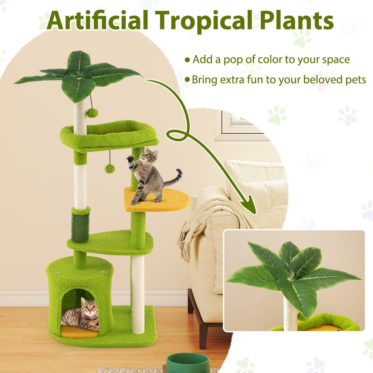 Cute Cat Tree for Adult Cats Multi-level Kitty Tower-Green view 8